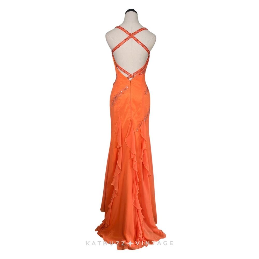 Vintage Silk Prom Dress Maxi Gown 4 Orange Y2K Ruffle Fairy Bead Slip Glam Guest